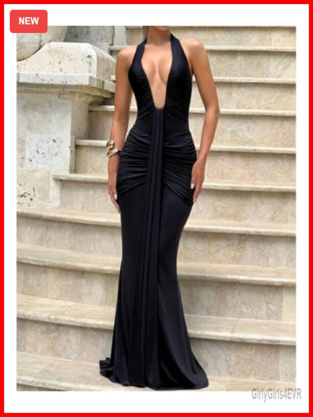 Deep V-Neck Sleeveless Halter Ruched Bodycon Maxi Dress - Picture 2 of 6